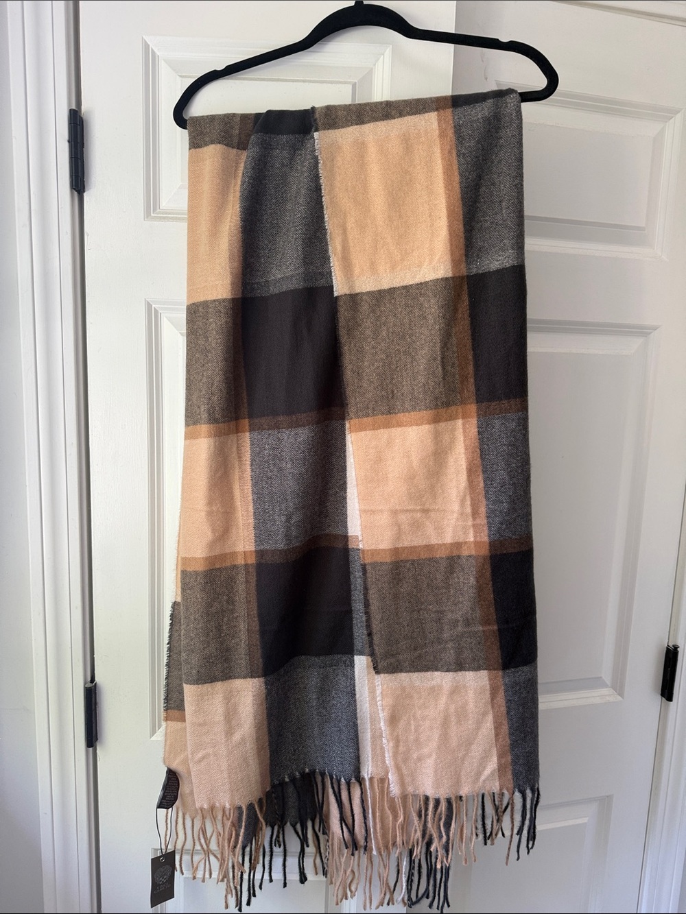 Vince Camuto Plaid Fringe Scarf - Beige, Gray & Brown